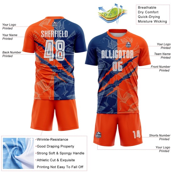Benutzerdefinierte Graffiti Muster US Navy Blau-Orange Scratch Sublimation Fußball Uniform Jersey Benutzerdefinierte Graffiti Muster US Navy Blau-Orange Scratch Sublimation Fußball Uniform Jersey