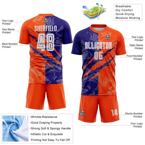 Benutzerdefinierte Graffiti Muster Dunkel Lila-Orange Scratch Sublimation Fußball Uniform Jersey Benutzerdefinierte Graffiti Muster Dunkel Lila-Orange Scratch Sublimation Fußball Uniform Jersey
