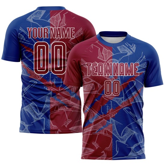 Benutzerdefinierte Graffiti Muster Maroon-Royal Scratch Sublimation Fußball Uniform Trikot Benutzerdefinierte Graffiti Muster Maroon-Royal Scratch Sublimation Fußball Uniform Trikot