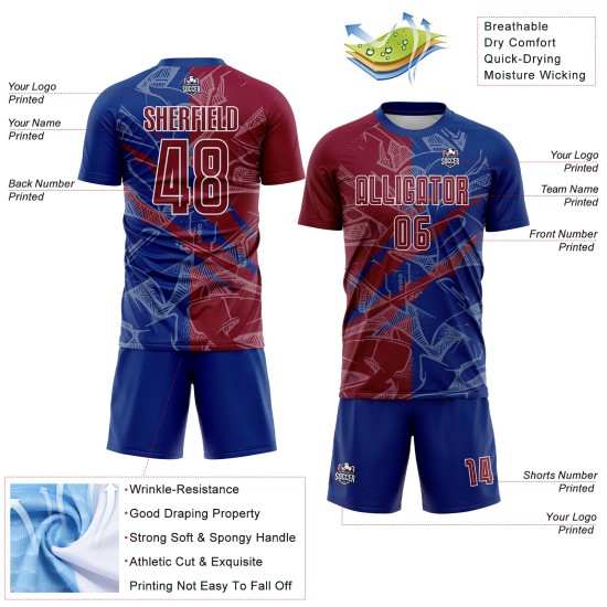 Benutzerdefinierte Graffiti Muster Maroon-Royal Scratch Sublimation Fußball Uniform Trikot Benutzerdefinierte Graffiti Muster Maroon-Royal Scratch Sublimation Fußball Uniform Trikot