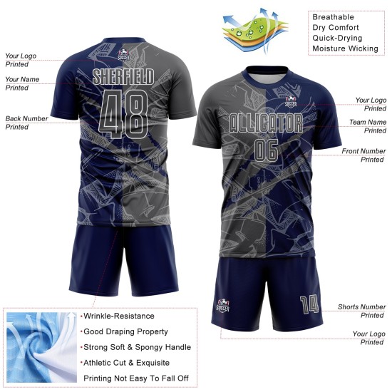 Benutzerdefinierte Graffiti Muster Stahl Grau-Navy Scratch Sublimation Fußball Uniform Jersey