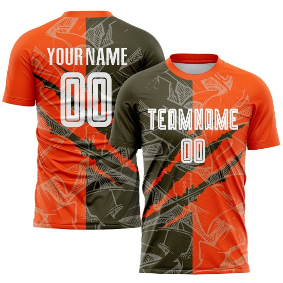 Benutzerdefinierte Graffiti Muster Olive-Orange Scratch Sublimation Fußball Uniform Jersey Benutzerdefinierte Graffiti Muster Olive-Orange Scratch Sublimation Fußball Uniform Jersey