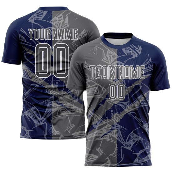 Benutzerdefinierte Graffiti Muster Stahl Grau-Navy Scratch Sublimation Fußball Uniform Jersey