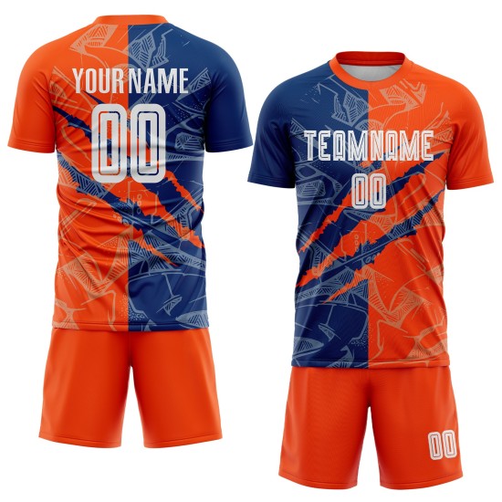 Benutzerdefinierte Graffiti Muster US Navy Blau-Orange Scratch Sublimation Fußball Uniform Jersey Benutzerdefinierte Graffiti Muster US Navy Blau-Orange Scratch Sublimation Fußball Uniform Jersey